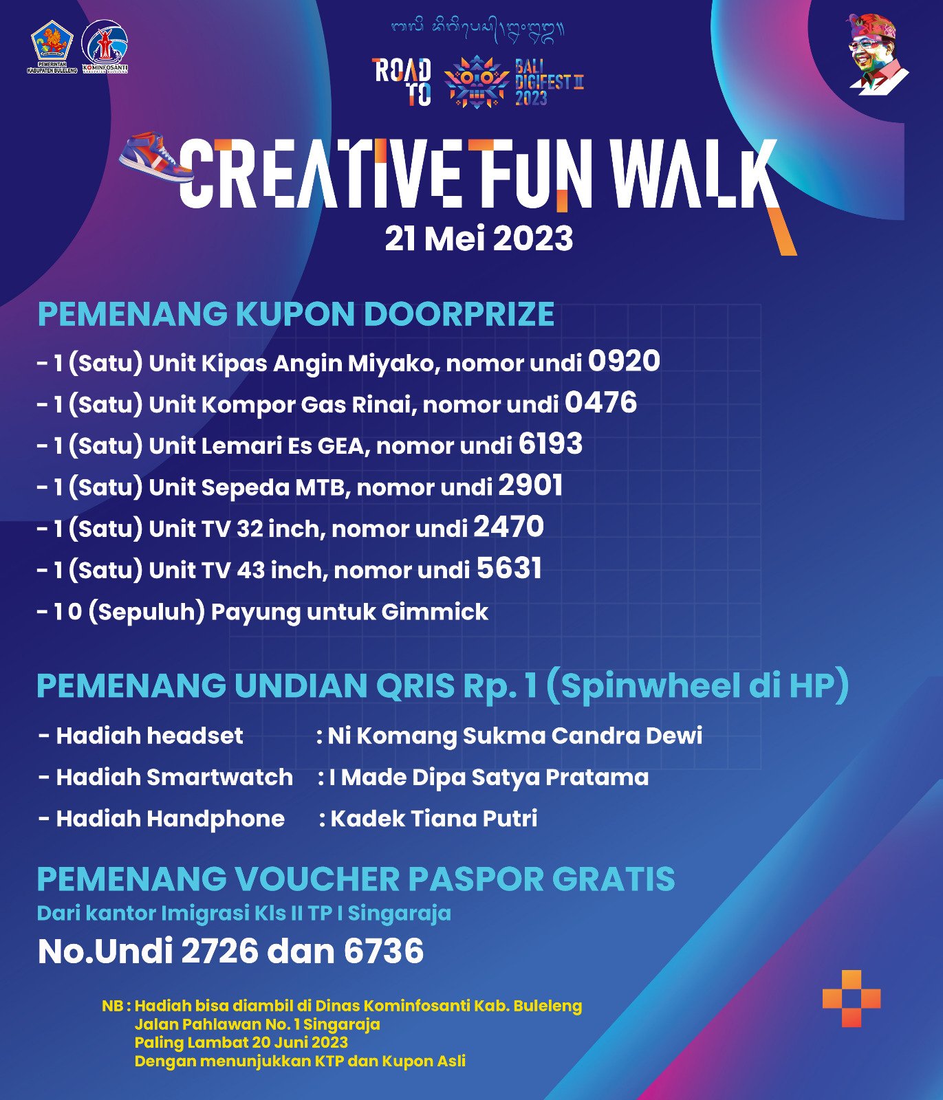 Pengumuman penyerahan doorprize hadiah Creative Fun Walk